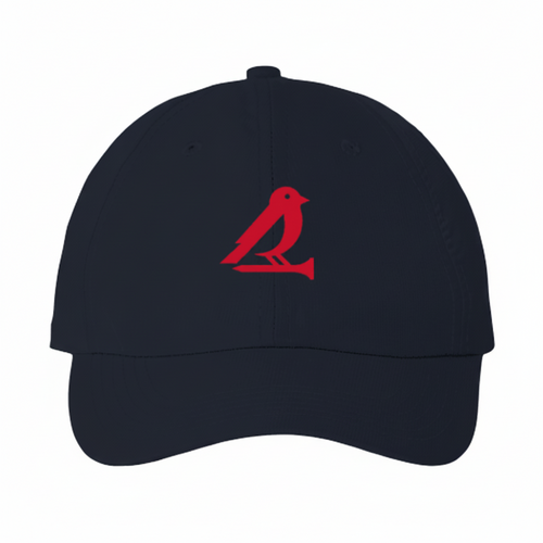 Navy cap with a red bird logo on a white background